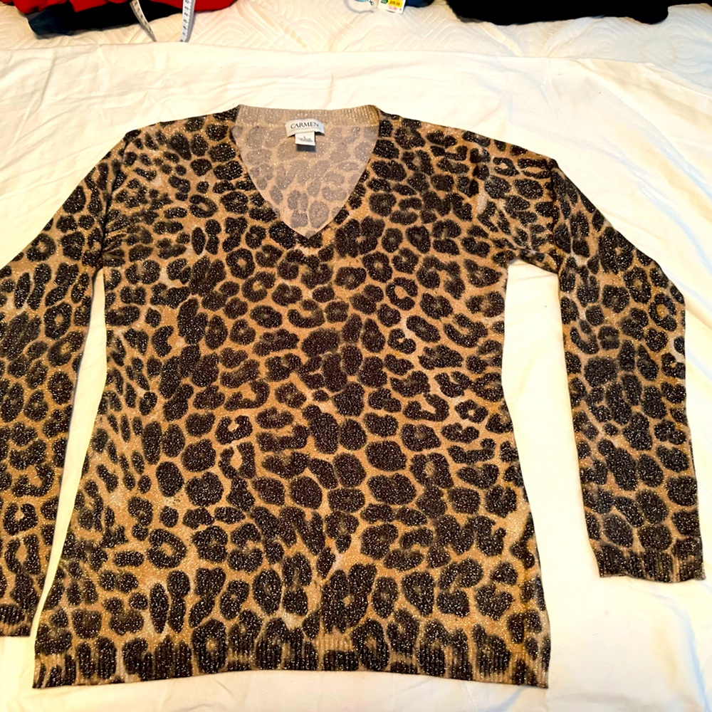 CARMEN MARC VALVO V-Neck Leopard Sweater - Black and Tan